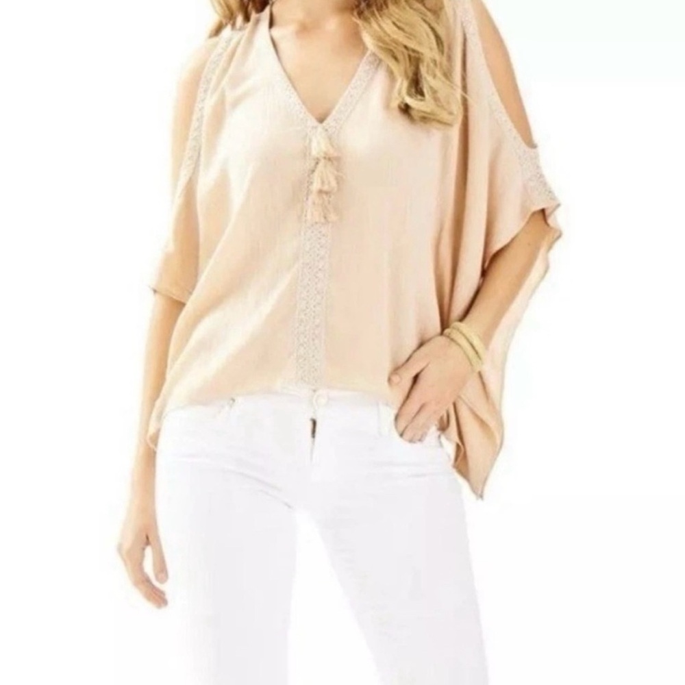Lilly Pulitzer Poncho Top S/M Beige Crochet Trim Tassel Boho Tunic